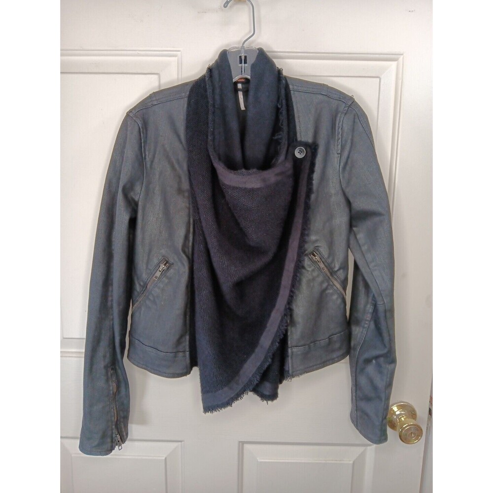 Free People Waxed Denim Layered Jacket Size 2 Black Cowl Neck Zip Pockets EUC